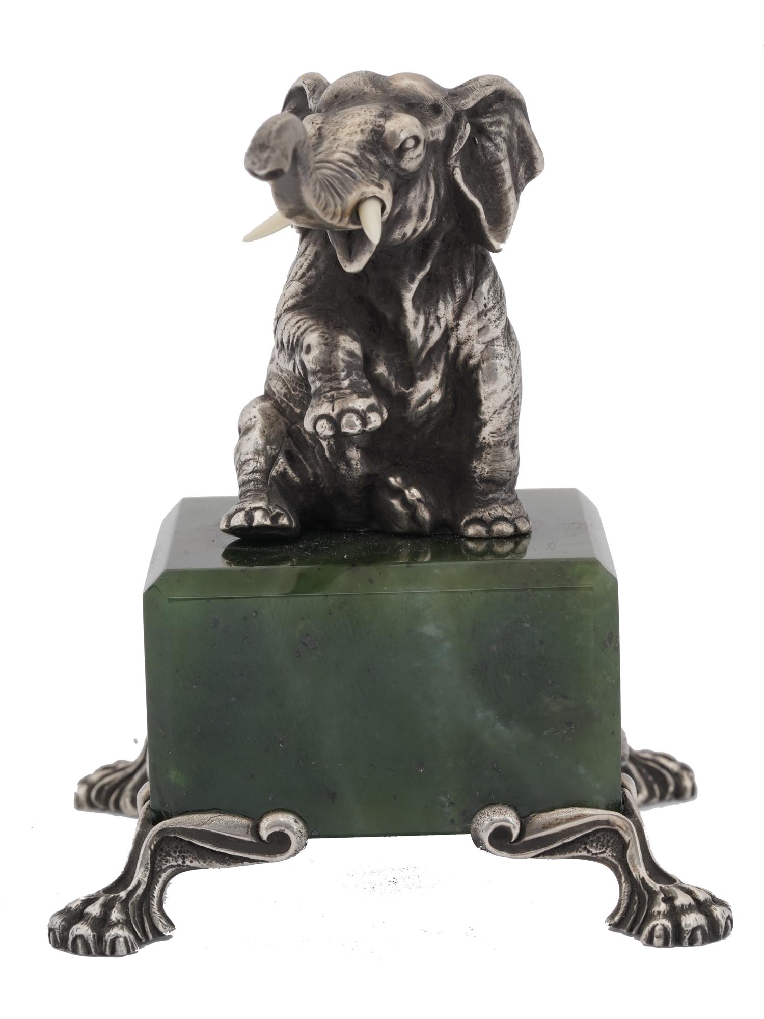 RUSSIAN SILVER ELEPHANT FIGURE NEPHRITE JADE BASE PIC-1